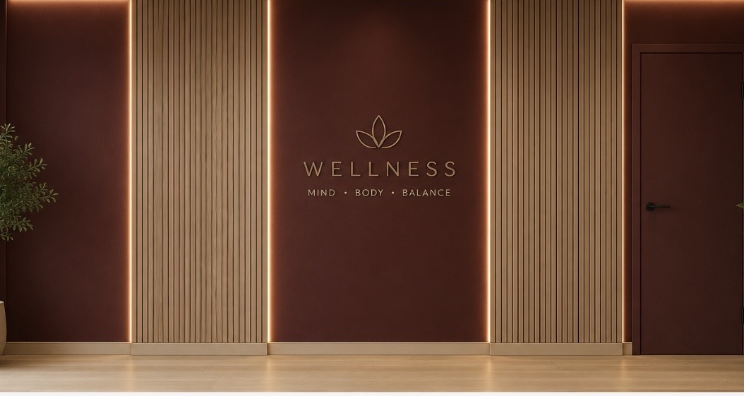 Backlit timber and burgundy wellness wall at Solhaus